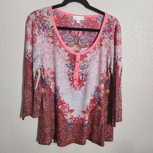 Rebecca Malone Blouse Womens Medium Floral Print Henley Neckline